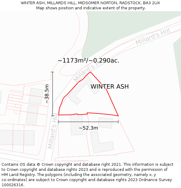 WINTER ASH, MILLARDS HILL, MIDSOMER NORTON, RADSTOCK, BA3 2UX: Plot and title map