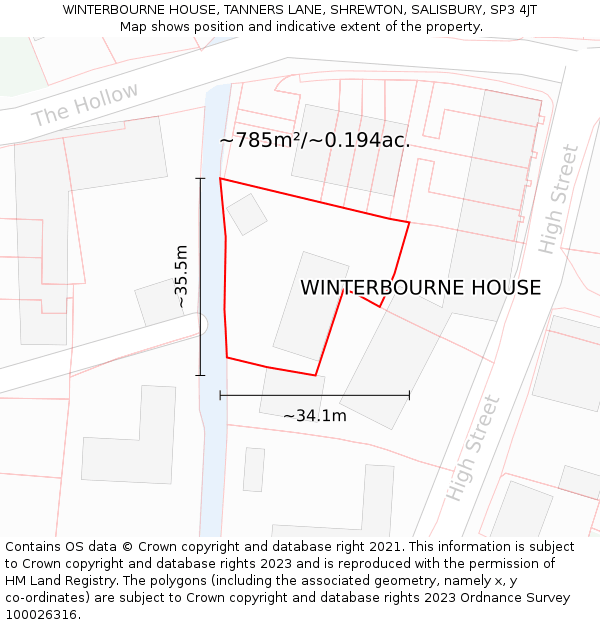 WINTERBOURNE HOUSE, TANNERS LANE, SHREWTON, SALISBURY, SP3 4JT: Plot and title map