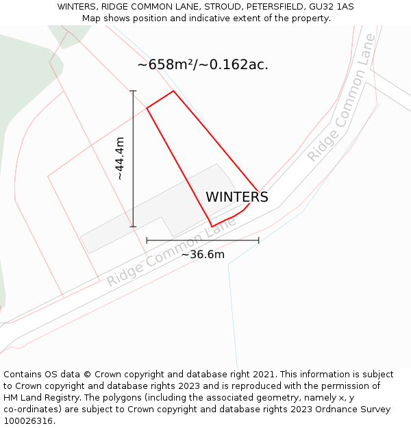 WINTERS, RIDGE COMMON LANE, STROUD, PETERSFIELD, GU32 1AS: Plot and title map