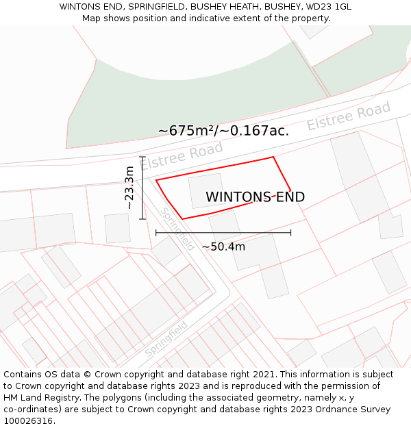 WINTONS END, SPRINGFIELD, BUSHEY HEATH, BUSHEY, WD23 1GL: Plot and title map