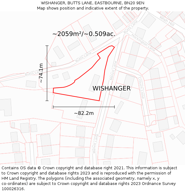 WISHANGER, BUTTS LANE, EASTBOURNE, BN20 9EN: Plot and title map