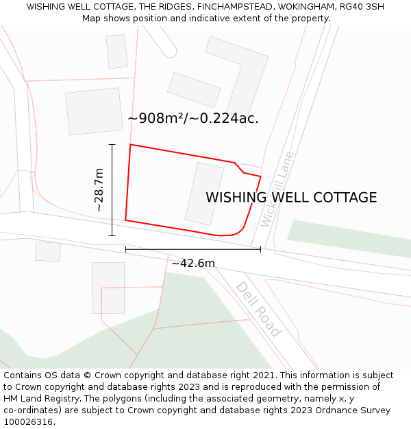 WISHING WELL COTTAGE, THE RIDGES, FINCHAMPSTEAD, WOKINGHAM, RG40 3SH: Plot and title map