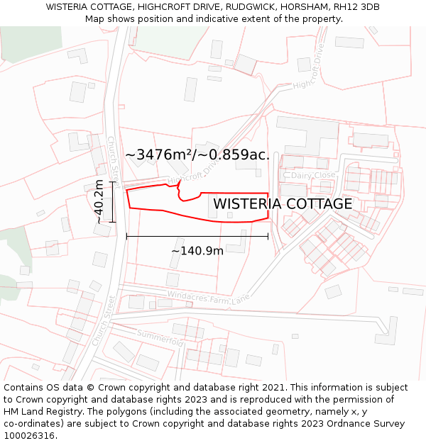 WISTERIA COTTAGE, HIGHCROFT DRIVE, RUDGWICK, HORSHAM, RH12 3DB: Plot and title map