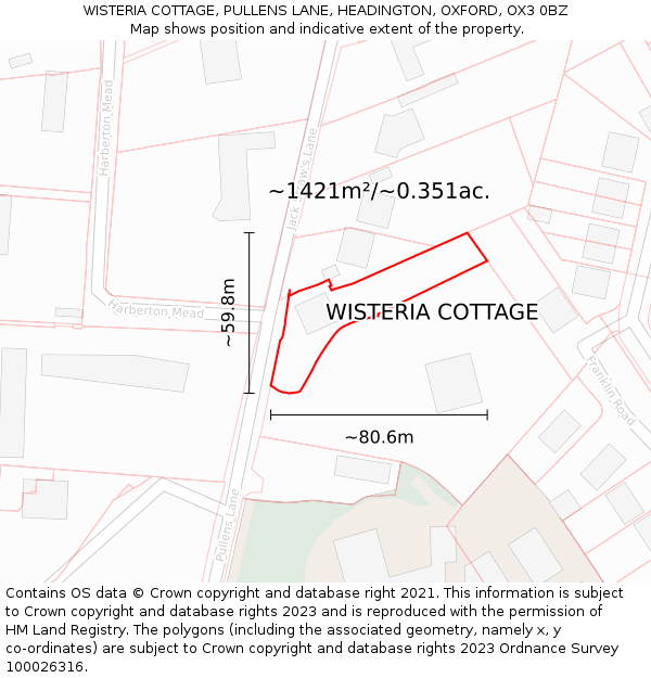 WISTERIA COTTAGE, PULLENS LANE, HEADINGTON, OXFORD, OX3 0BZ: Plot and title map