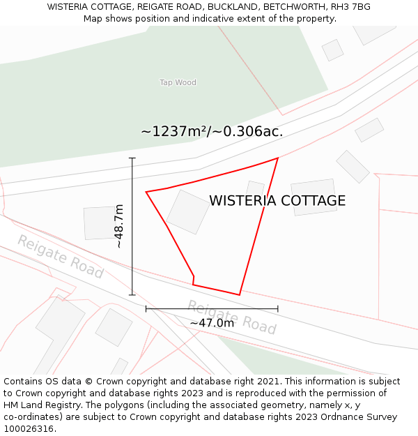 WISTERIA COTTAGE, REIGATE ROAD, BUCKLAND, BETCHWORTH, RH3 7BG: Plot and title map