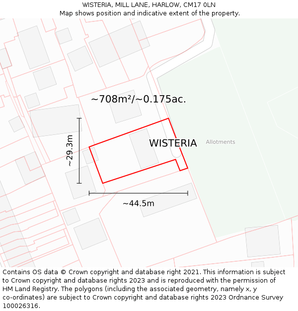 WISTERIA, MILL LANE, HARLOW, CM17 0LN: Plot and title map