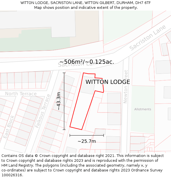 WITTON LODGE, SACRISTON LANE, WITTON GILBERT, DURHAM, DH7 6TF: Plot and title map