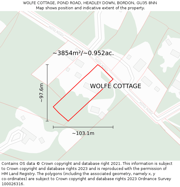 WOLFE COTTAGE, POND ROAD, HEADLEY DOWN, BORDON, GU35 8NN: Plot and title map