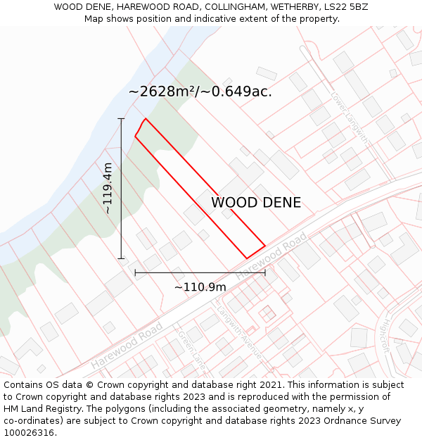 WOOD DENE, HAREWOOD ROAD, COLLINGHAM, WETHERBY, LS22 5BZ: Plot and title map