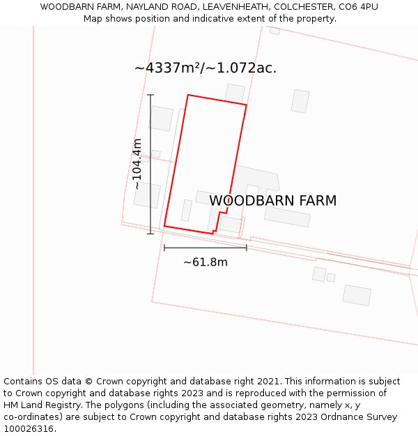 WOODBARN FARM, NAYLAND ROAD, LEAVENHEATH, COLCHESTER, CO6 4PU: Plot and title map