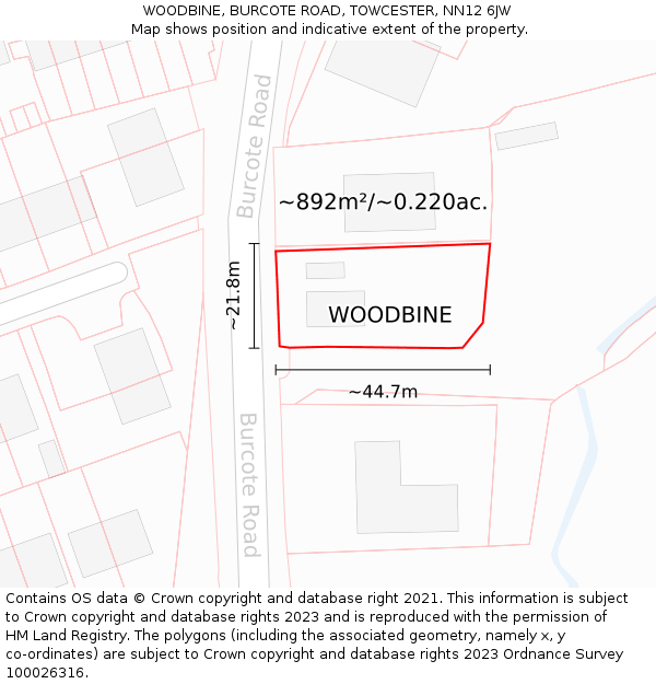 WOODBINE, BURCOTE ROAD, TOWCESTER, NN12 6JW: Plot and title map