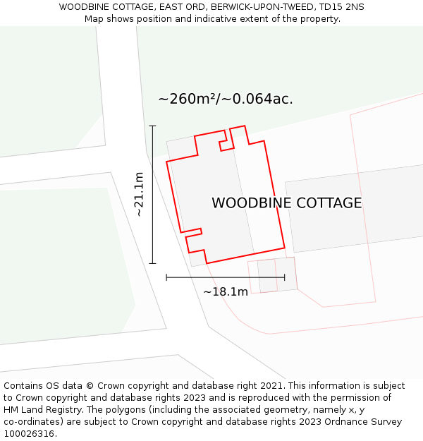 WOODBINE COTTAGE, EAST ORD, BERWICK-UPON-TWEED, TD15 2NS: Plot and title map