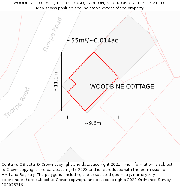 WOODBINE COTTAGE, THORPE ROAD, CARLTON, STOCKTON-ON-TEES, TS21 1DT: Plot and title map