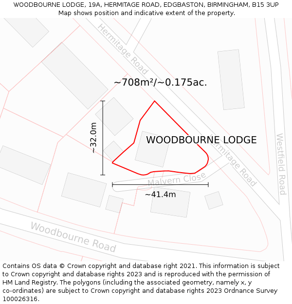 WOODBOURNE LODGE, 19A, HERMITAGE ROAD, EDGBASTON, BIRMINGHAM, B15 3UP: Plot and title map