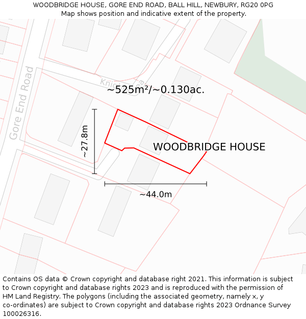 WOODBRIDGE HOUSE, GORE END ROAD, BALL HILL, NEWBURY, RG20 0PG: Plot and title map