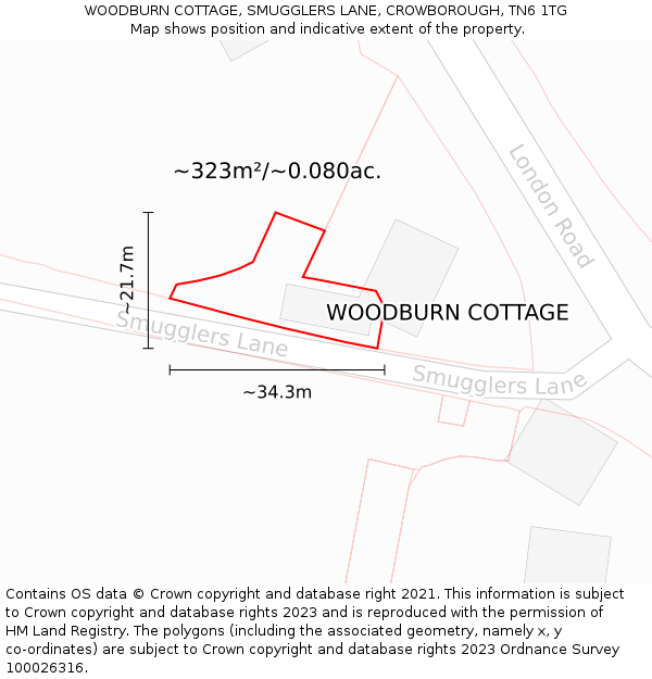 WOODBURN COTTAGE, SMUGGLERS LANE, CROWBOROUGH, TN6 1TG: Plot and title map