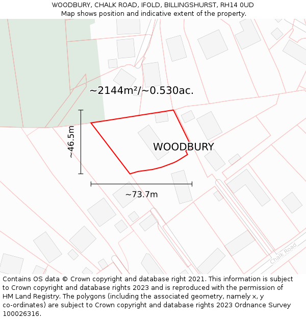 WOODBURY, CHALK ROAD, IFOLD, BILLINGSHURST, RH14 0UD: Plot and title map