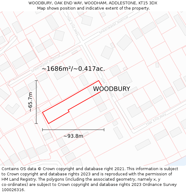 WOODBURY, OAK END WAY, WOODHAM, ADDLESTONE, KT15 3DX: Plot and title map