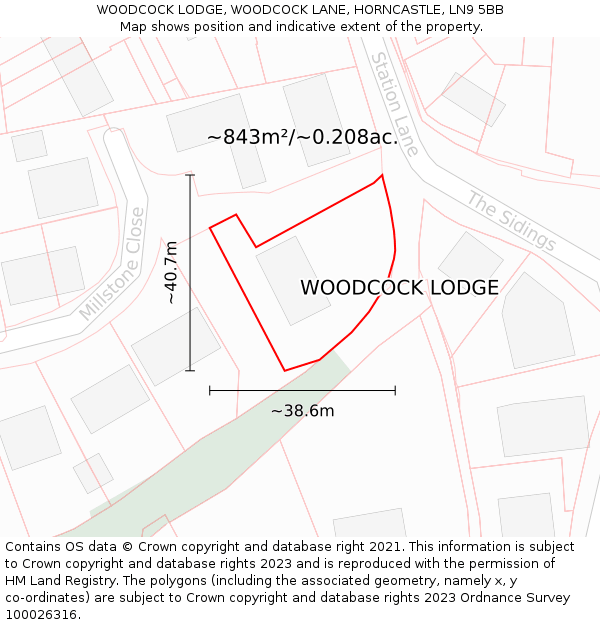 WOODCOCK LODGE, WOODCOCK LANE, HORNCASTLE, LN9 5BB: Plot and title map