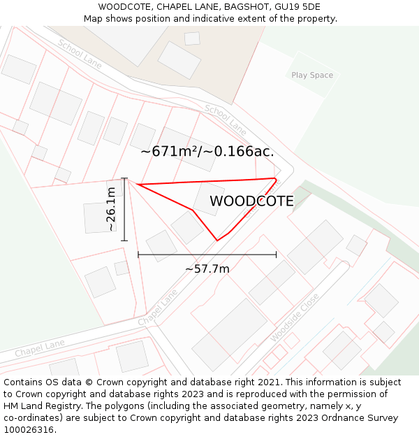 WOODCOTE, CHAPEL LANE, BAGSHOT, GU19 5DE: Plot and title map