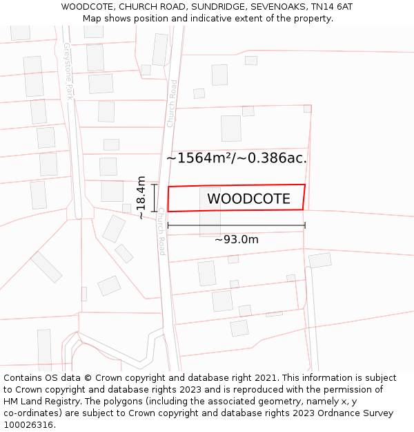 WOODCOTE, CHURCH ROAD, SUNDRIDGE, SEVENOAKS, TN14 6AT: Plot and title map