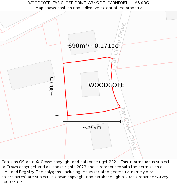 WOODCOTE, FAR CLOSE DRIVE, ARNSIDE, CARNFORTH, LA5 0BG: Plot and title map