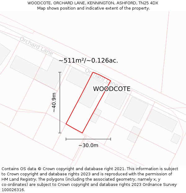 WOODCOTE, ORCHARD LANE, KENNINGTON, ASHFORD, TN25 4DX: Plot and title map