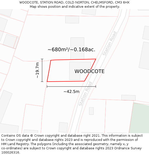 WOODCOTE, STATION ROAD, COLD NORTON, CHELMSFORD, CM3 6HX: Plot and title map