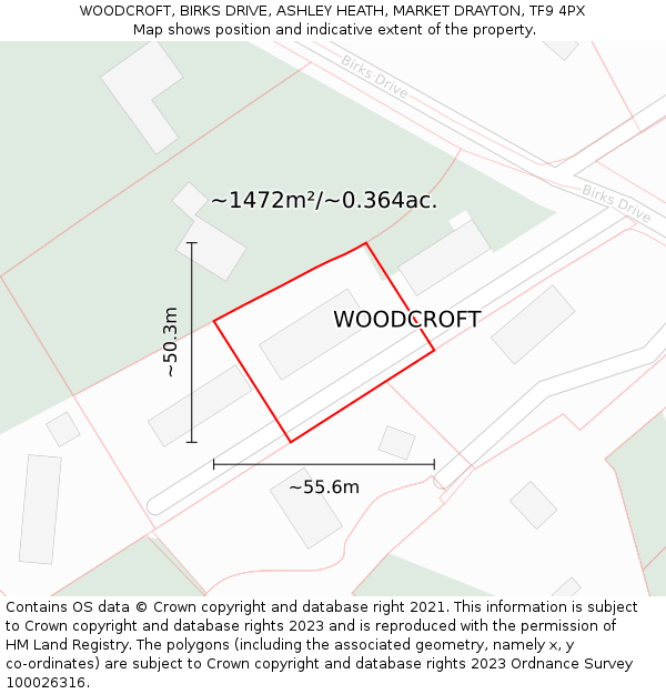 WOODCROFT, BIRKS DRIVE, ASHLEY HEATH, MARKET DRAYTON, TF9 4PX: Plot and title map