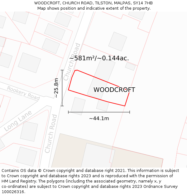 WOODCROFT, CHURCH ROAD, TILSTON, MALPAS, SY14 7HB: Plot and title map