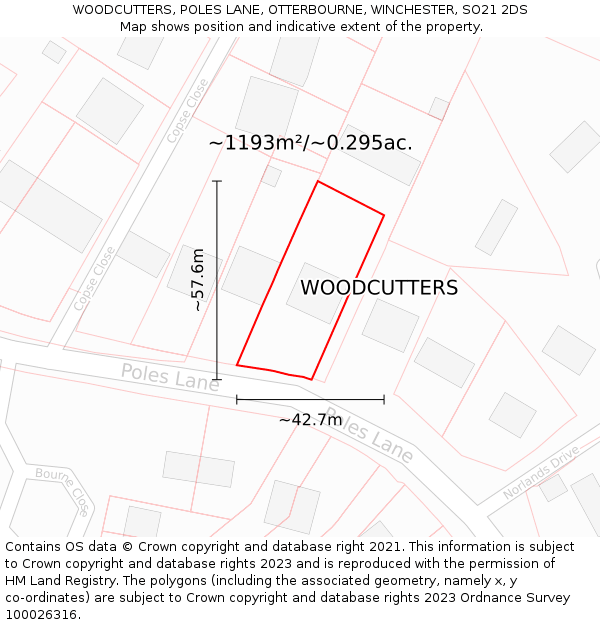 WOODCUTTERS, POLES LANE, OTTERBOURNE, WINCHESTER, SO21 2DS: Plot and title map