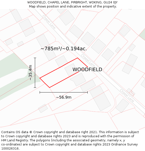 WOODFIELD, CHAPEL LANE, PIRBRIGHT, WOKING, GU24 0JY: Plot and title map