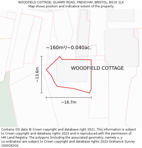 WOODFIELD COTTAGE, QUARRY ROAD, FRENCHAY, BRISTOL, BS16 1LX: Plot and title map