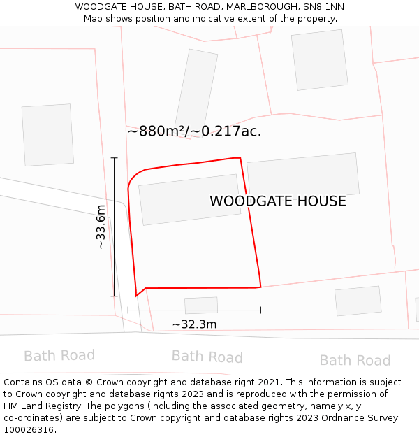 WOODGATE HOUSE, BATH ROAD, MARLBOROUGH, SN8 1NN: Plot and title map