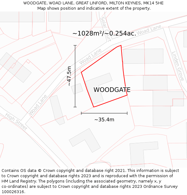 WOODGATE, WOAD LANE, GREAT LINFORD, MILTON KEYNES, MK14 5HE: Plot and title map