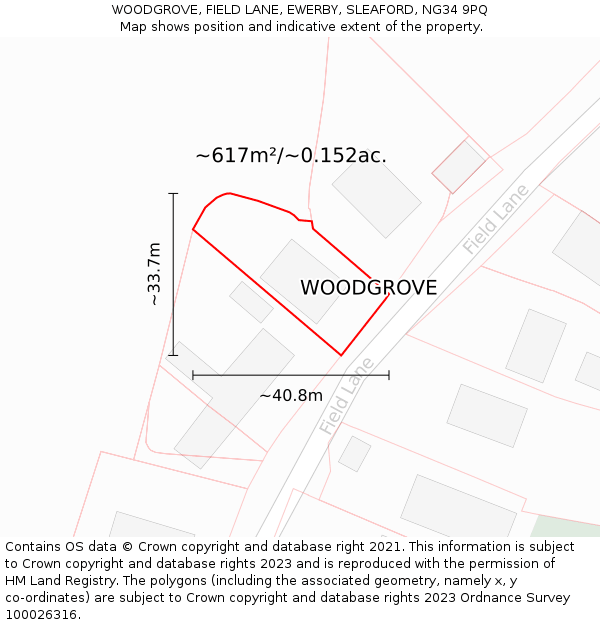 WOODGROVE, FIELD LANE, EWERBY, SLEAFORD, NG34 9PQ: Plot and title map