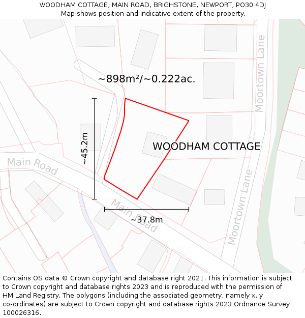 WOODHAM COTTAGE, MAIN ROAD, BRIGHSTONE, NEWPORT, PO30 4DJ: Plot and title map