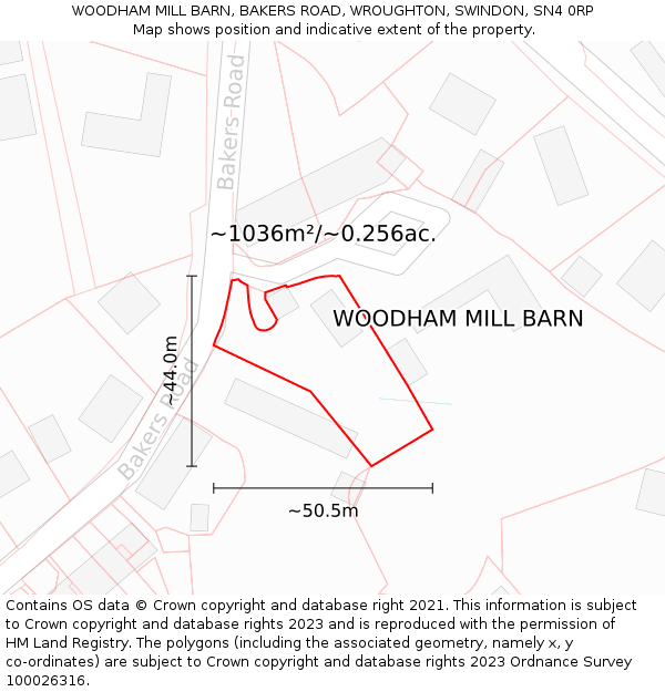 WOODHAM MILL BARN, BAKERS ROAD, WROUGHTON, SWINDON, SN4 0RP: Plot and title map