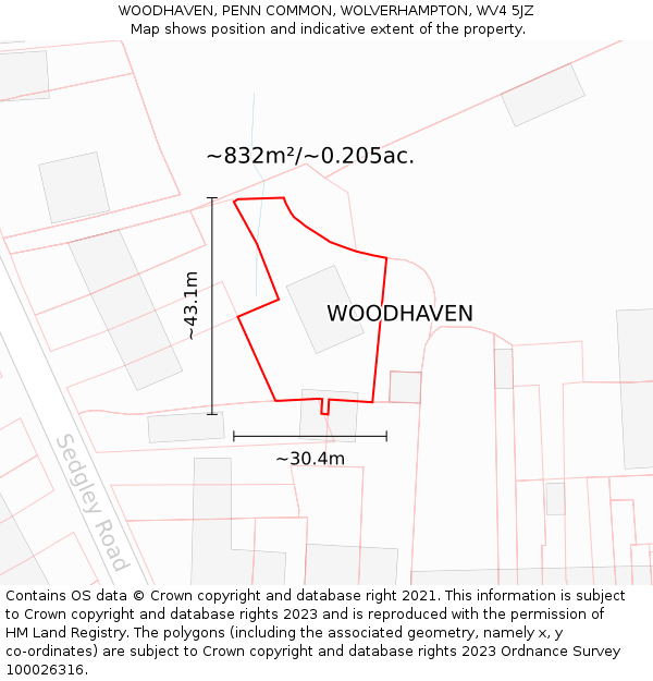 WOODHAVEN, PENN COMMON, WOLVERHAMPTON, WV4 5JZ: Plot and title map