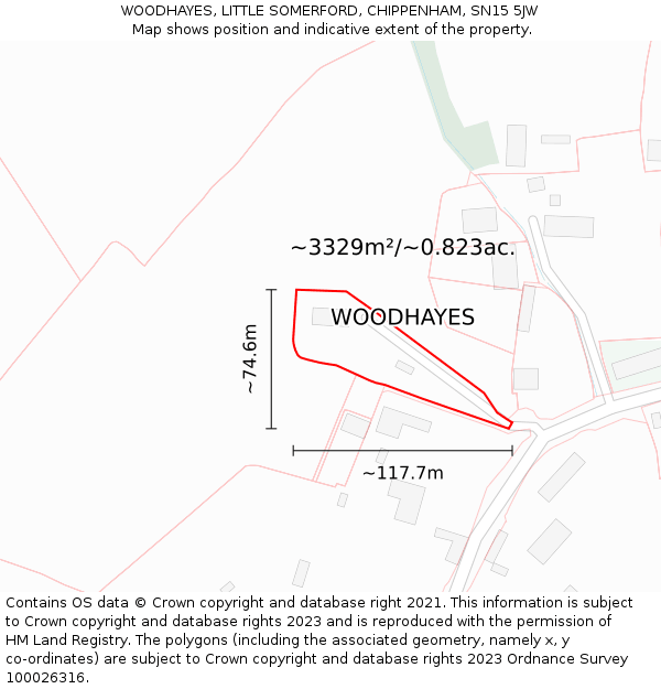 WOODHAYES, LITTLE SOMERFORD, CHIPPENHAM, SN15 5JW: Plot and title map