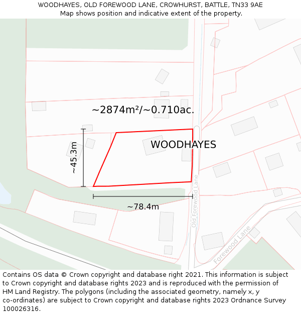 WOODHAYES, OLD FOREWOOD LANE, CROWHURST, BATTLE, TN33 9AE: Plot and title map