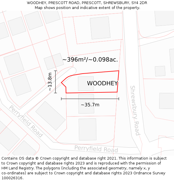 WOODHEY, PRESCOTT ROAD, PRESCOTT, SHREWSBURY, SY4 2DR: Plot and title map