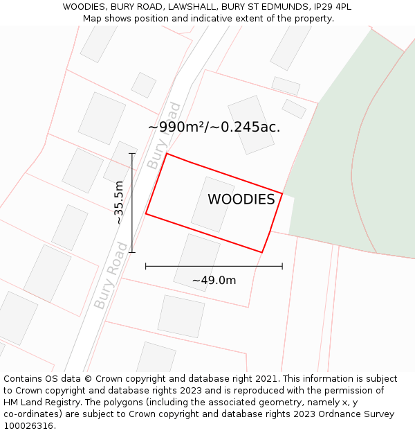 WOODIES, BURY ROAD, LAWSHALL, BURY ST EDMUNDS, IP29 4PL: Plot and title map