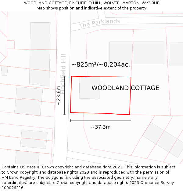 WOODLAND COTTAGE, FINCHFIELD HILL, WOLVERHAMPTON, WV3 9HF: Plot and title map