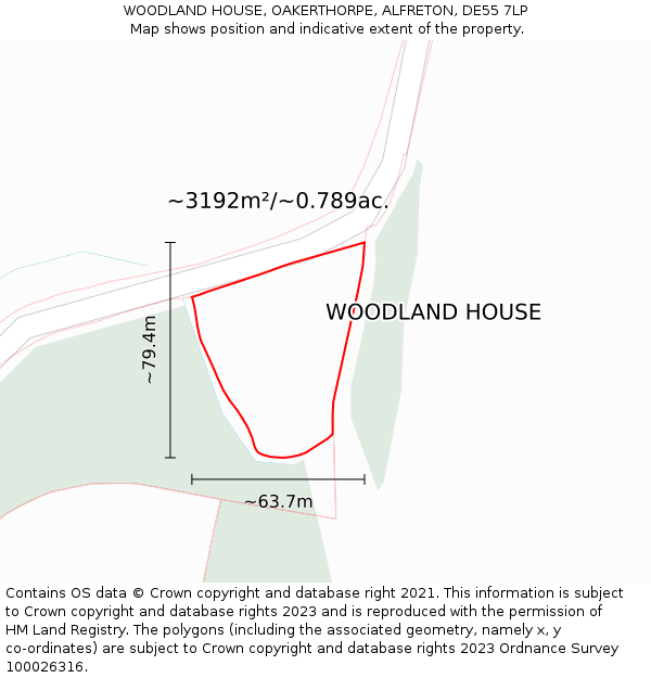 WOODLAND HOUSE, OAKERTHORPE, ALFRETON, DE55 7LP: Plot and title map