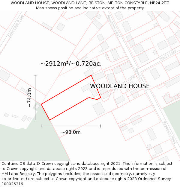 WOODLAND HOUSE, WOODLAND LANE, BRISTON, MELTON CONSTABLE, NR24 2EZ: Plot and title map