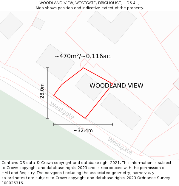 WOODLAND VIEW, WESTGATE, BRIGHOUSE, HD6 4HJ: Plot and title map