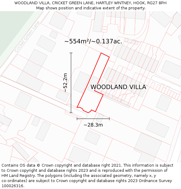 WOODLAND VILLA, CRICKET GREEN LANE, HARTLEY WINTNEY, HOOK, RG27 8PH: Plot and title map