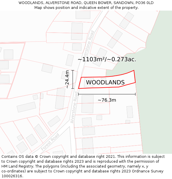 WOODLANDS, ALVERSTONE ROAD, QUEEN BOWER, SANDOWN, PO36 0LD: Plot and title map