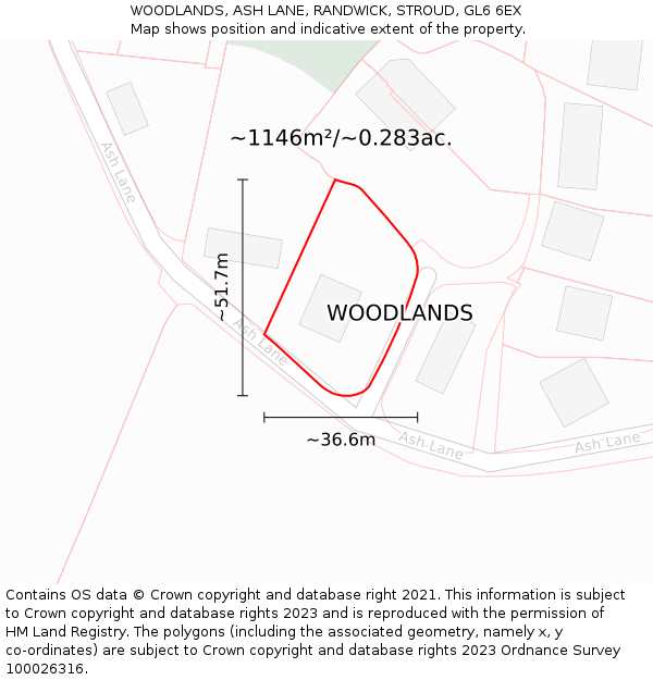 WOODLANDS, ASH LANE, RANDWICK, STROUD, GL6 6EX: Plot and title map